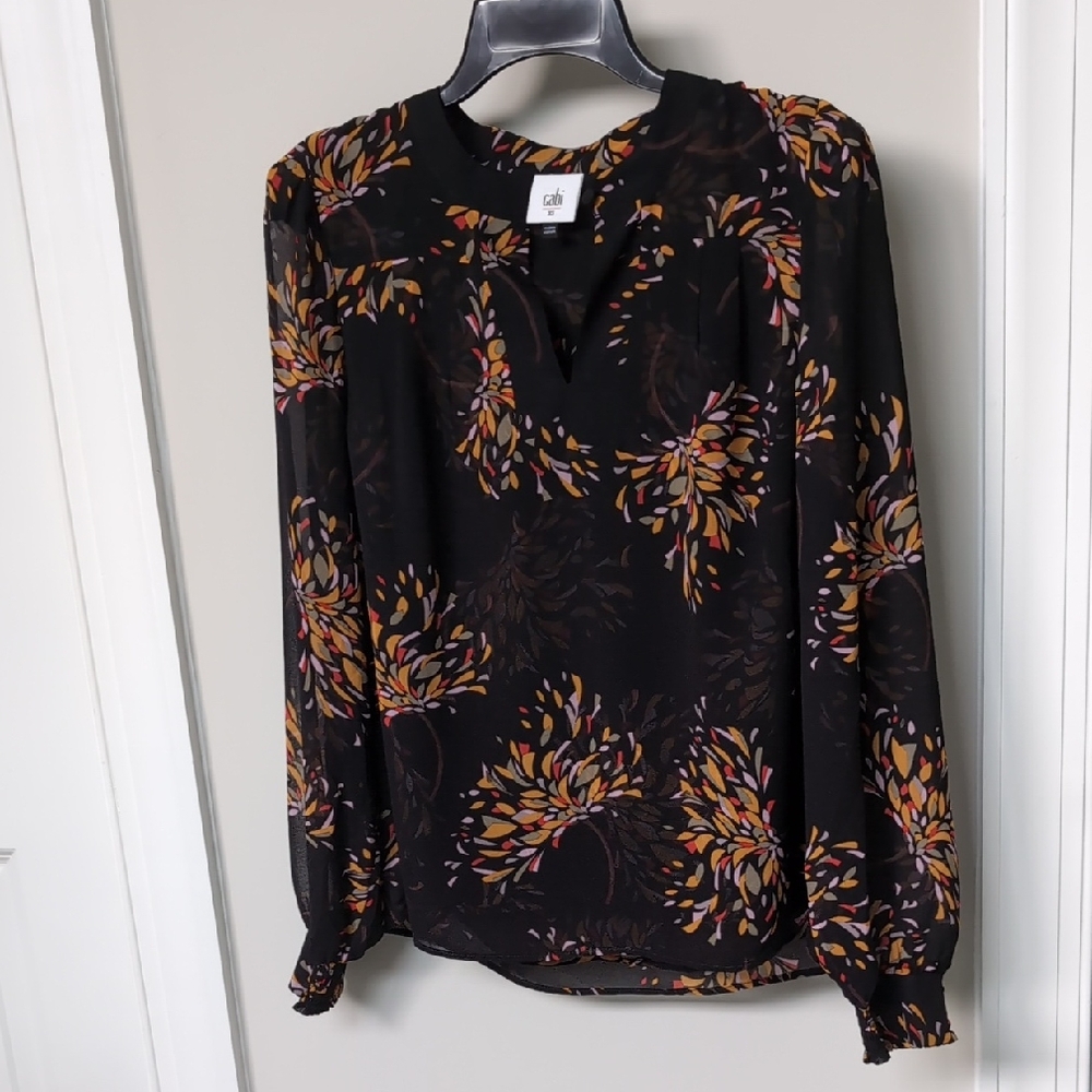 Cabi Black Sheer Lined Floral V Neck Top XS